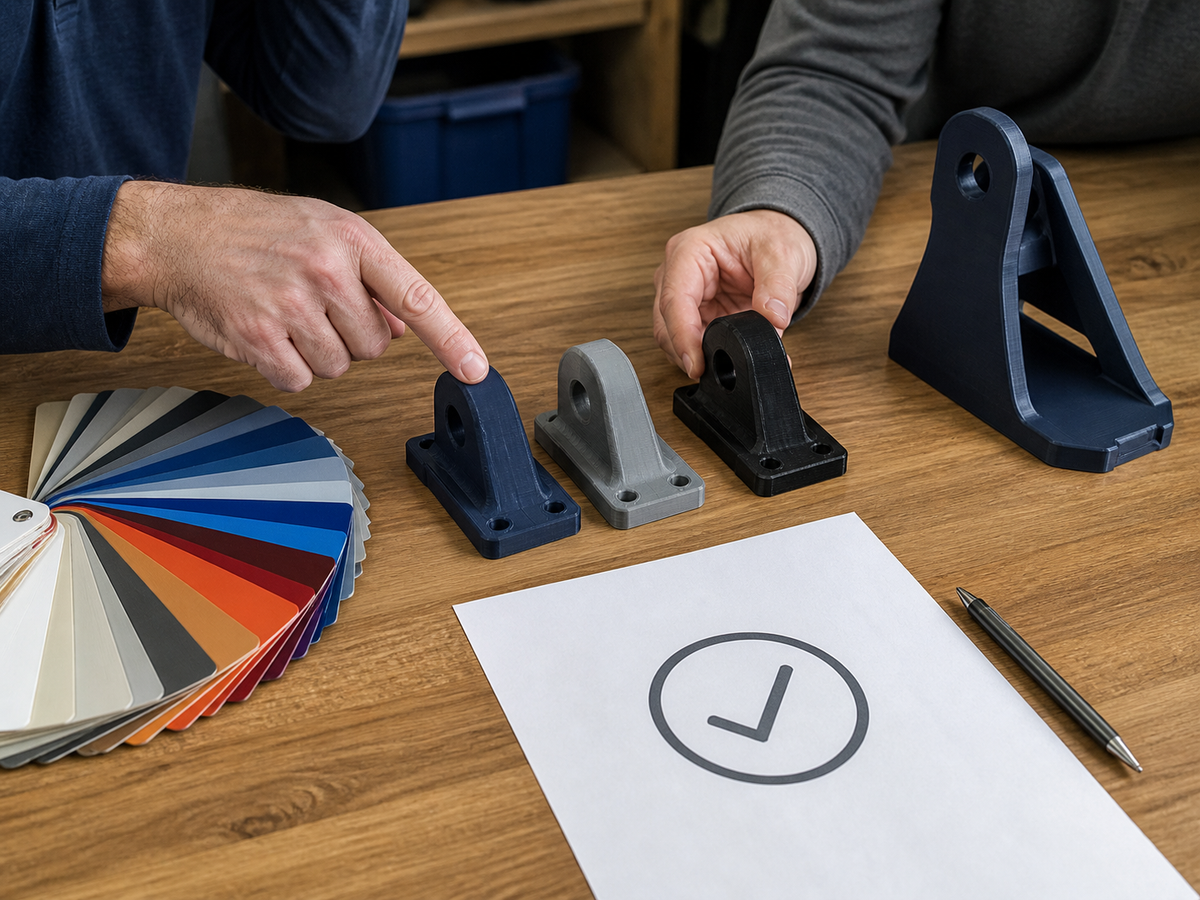Custom 3D printed samples being reviewed for color and finish