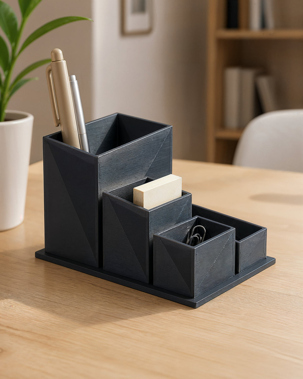 AI-assisted photorealistic visualization of the original ShapEVO GridFlow desk organizer concept